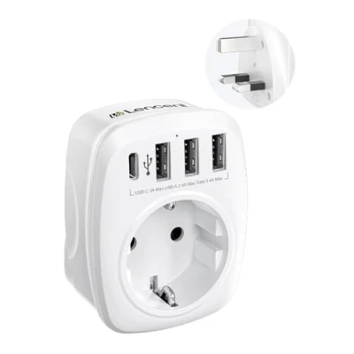 Bild av LENCENT Reseadapter Sverige/EU till UK Adapter, Typ G Travel Adapter med 3 USB A + 1 C Kontakter, 5 i Socket Strömadapter för Irland, England, Skottland, Dubai, Malta[Energiklass A+++]