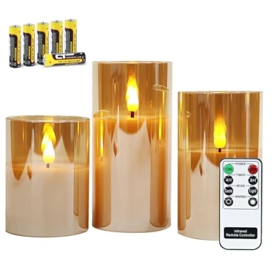 Bild av Rhytsing 3 flimrande flamlösa blockljus led med fjärrkontroll och timer, dekorativ glas ljuslyktor guld varmt vit ljus, höjd 10/12,5/15 cm, batterier ingår