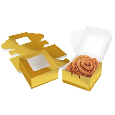 Bild av Belle Vous Papper Guldiga Kraft Enstaka Bageri Efterrättslådor med Fönster (50 Pack) 10,16 x 5,7 cm Återvinningsbar Förpackningslåda för Kakor, Tårtor, Efterrätter, Pajer &amp; Gåvor
