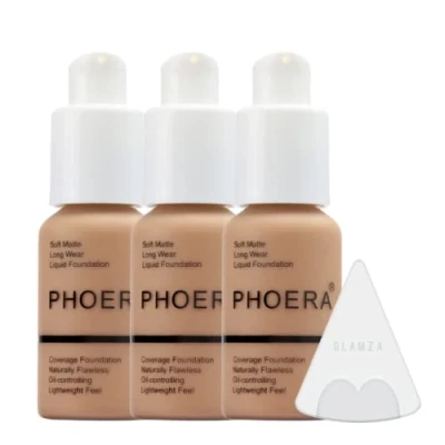Bild av Glamza Phoera foundation sminkset med full täckning 24 timmar långvarig oljekontroll mjuk slät matt felfri concealerkräm Inc x3 30 ml &amp; silikonblandarsvamp (105 sand)