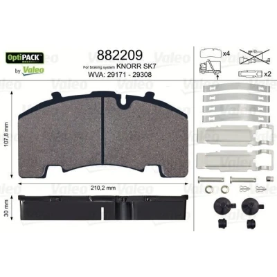 Bild av VALEO 882209 Jeu de plaquettes frein OPTIPACK Essieu arrière contact signal d&#039;usure exclu sans kit vis fixation IVECO: EuroCargo I III