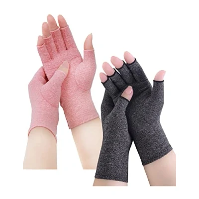 Bild av Arthros handskar, fingerlösa reumatism, kompressionshandskar, artriti, spelhandskar, reumatisk smärtlindring, RSI, karpaltunnelsyndrom (M, grå + rosa)
