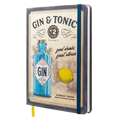 Bild av Nostalgisk konst retro anteckningsbok, A5, gin och tonic drinkar &amp; berättelser presentidé för fans, bullet journal prickad, vintage design