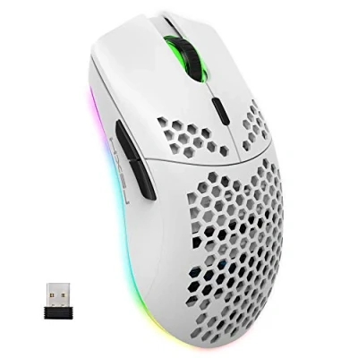 Bild av Wireless Gaming Mouse, 2.4G Lightweight Honeycomb Shell Ergonomic RGB Mice with 750mAh Rechargeable Battery, Energy Saving, 6 Buttons &amp; Mini USB Receiver for Windows, Mac OS, Laptop, Smart TV(White)