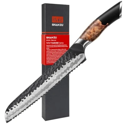 Bild av SHAN ZU Handsmidd Tandad Brödkniv, 20 cm Kökskniv, 7 lagers 9Cr18MOV Japansk Kniv av Stål, Konditorivarisk Hög Kvalitet, Handtag Lönnträ