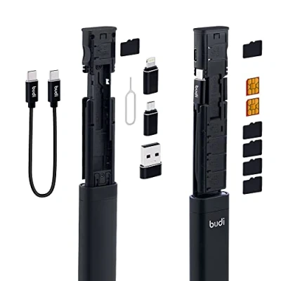Bild av Mcbazel Budi 9 i 1 resedatakabel SIM kort och datakabel lagringsfodral kompakt USB SD kortförvaring med typ C/Micro USB/USB C kabel för laddning överföring