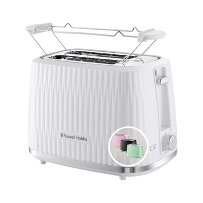 Bild av Russell Hobbs 2 skivor (6 rostningsnivåer, höglyftsfunktion, inställningar för fryst bröd, uppvärmning och stoppfunktion, uppvärmningsgaller ingår, texturerad exteriör, vit) Eden 27370 56