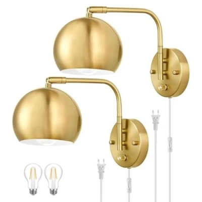 Bild av vägglampa för inomhusbruk Dimbar med strömbrytare, E27 Justerbar i guldmetall Sänglampa stickpropp och sladd Retro industriell väggläslampa vardagsrum, sovrum, kontor,2pack