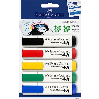Bild av FABER CASTELL 159520 textilmärkpenna i standardfärger, lämplig för ljusa tyger, 5 pack, perfekt babyfester, barnfödelsedagar, svensexor
