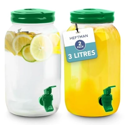 Bild av HEFTMAN Dryckesdispenser i plast med kran 2 pack 3 L kallvattendispenser kran, handtag, skruvlock kylskåp vattendispenser cocktails, infunderade och läskedrycker för grillfester hem (grön)