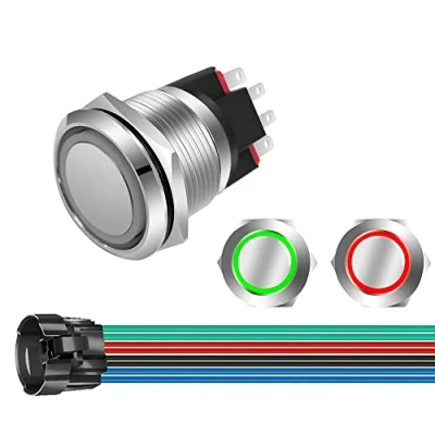 Bild av GUUZI 12V 24V/10A Momentan tryckknapp NO/NC Vattentät Grön/Rött LED ljus Upplyst 22mm Metall Power Start med Socket Plug Wire