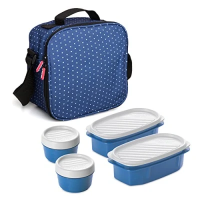 Bild av Tatay Urban Food Casual isolerad lunchväska, 3 L kapacitet, 4 matförvaringsbehållare i plast (2 x 0,5 L, 2 0,2 L) BPA fri, blå med prickar. Mått 22,5 10 22 cm