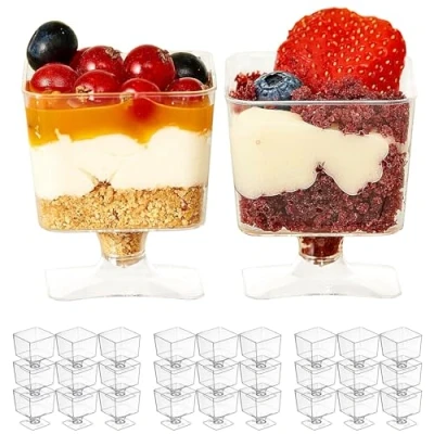 Bild av MATANA 100 Transparenta Mini Efterrättskoppar, Små Dessertskålar för Efterrätter, Tiramisus, Bufféer med Mera (60ml) Solid &amp; Återanvändbar Födelsedagar, Bröllop, Jul