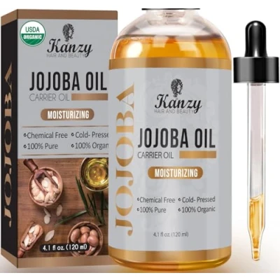 Bild av Kanzy Jojobaolja Ekologisk Kallpressad 100% Ren 120ml Hexanfri Bärarolja för Hår Naglar Kropp Hud &amp; Ansikte Kroppsolja Certifierad