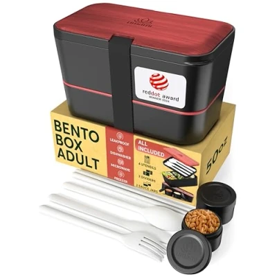Bild av Umami Bento lunchlåda, bestick och 2 såsburkar ingår, bentolåda, mikrovågsugn infälld lunchlåda för vuxna, matlåda med 4 fack,