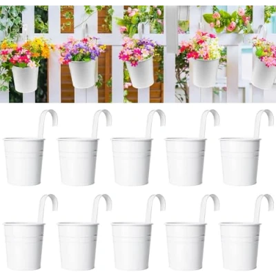 Bild av KAHEIGN 10 st hängande blomkrukor i metall, cm vita växtkrukor blomhink med avtagbar krok för räcke balkongstaket trädgård heminredning