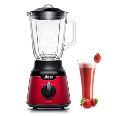 Bild av Ufesa Blender BS4100 Bärnsten röd, glasbehållare 0,8 l, puls /glaskrossfunktion, 2 hastigheter puls, 4 blad av rostfritt stål, 900 W, hermetisk förslutning, BPA fri, röd Inox, Amazon exklusiv