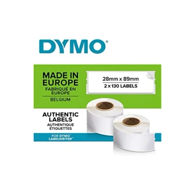 Bild av Dymo kontorsetikett författarpapper, 2 rullar med 130 x vita adressetiketter, totalt 260 etiketter, direkt termisk utskrift, dataportort från Excel, Outlook och Google kontakter