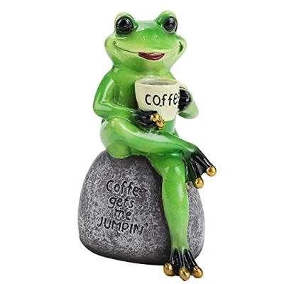 Bild av Harts groda figurer sittande på stenstaty trädgård dricka kaffe hantverk prydnad grön skulptur dekoration för gräsmatta damm