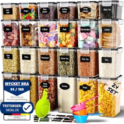 Bild av Deco haus Förvaringsburkar 24 set för kök, lufttäta förvaringsbehållare matförvaringslådor/ behållare av plast med lock förvaring nudlar, flingor, mjöl etc