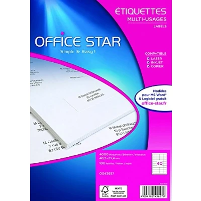 Bild av OFFICE STAR Låda med 4 000 vita anti stamp och multifunktionsetiketter, 48,5 x 25,4 mm format, anpassningsbar utskrivbar alla typer av laserskrivare, bläckstråle, kopiator