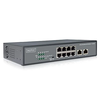 Bild av DIGITUS Fast Ethernet PoE+ nätverksswitch 19 tum 8 portar + 2x uplink RJ45 IEEE802.3af/at 120W effektbudget svart