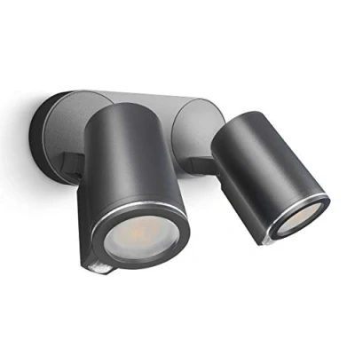 Bild av STEINEL Tvåhövdad LED utomhusstrålkastare med IR sensor, Spot DUO S, avkänningsvinkel: 2x 90, räckvidd: 10 m, 14,95 W, GU10 LED, IP44, aluminium, antracit