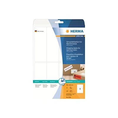 Bild av HERMA 8326 varningsdekal A4 (50 x 142 mm, 25 ark, papper, matt) självhäftande, utskrivbara, permanenta fraktetiketter, 200 klistermärken, vit