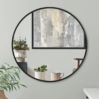 Bild av Americanflat 80 cm aluminium inramad svart rund spegel för vägg cirkelspegel sovrum, entré och vardagsrum väggdekor badrumsspegel med hängande hårdvara ingår
