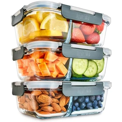 Bild av Igluu Matlåda i glas med 2 fack och lufttätt SnapLock Portionskontroll för måltidsförberedelser BPA fri plast Säker att använda mikrovågsugn, diskmaskin, frys ugn [3 pack]