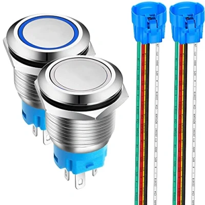 Bild av Gebildet 2 st 0,75 tum/19 mm Rostfritt Stål Momentan Tryckknapp 12 V 24 5 A LED 1 NO1NC SPDT ON av Vattentät med Kabeluttag(Blå + Vit LED)