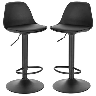Bild av EUGAD 0651BY 2 Barstolar, uppsättning av 2, vadderad roterande pall med luftlyftdesign, barstol i konstläder ryggstöd kök, justerbar höjd svart