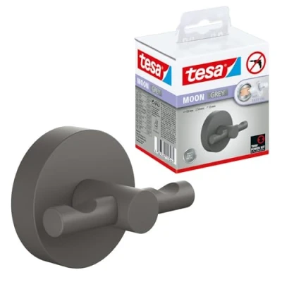Bild av tesa® MOON GREY badrockskrok, i matt grå för badrum industriell stil och moderna borrfri, inklusive limlösning 50 mm x 65 53