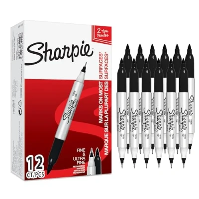 Bild av Sharpie Twin Tip permanenta märkpennor Fin och ultrafin spets Svart 12 stycken