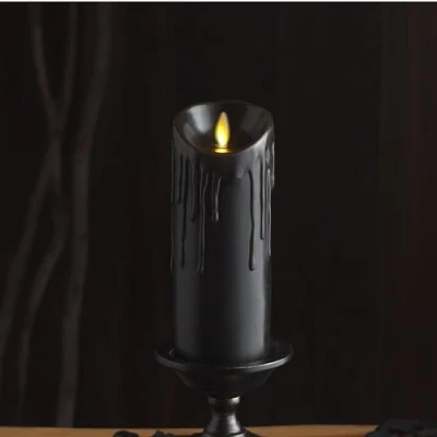 Bild av Luminara Svart vax droppande flamlöst ljus LED batteridrivna rörliga flamlampor pelare oparfymerat äkta med droppad kant, timer (7,6 x 16,5 cm)