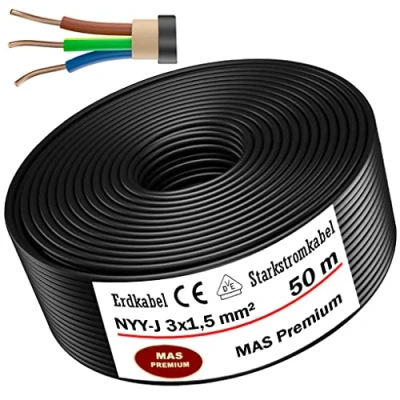 Bild av MAS Premium Jordkabel tyskt märke elkabel ring för jord och utomhusbruk standard, starkströmkabel (NYY J 3 x 1,5 mm², 50 m)
