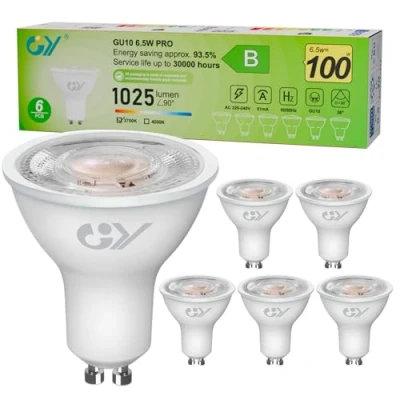 Bild av GY GU10 LED spotlights B klass, 1025LM varmvit 2700K, 6,5W motsvarande 100W 36 (smal stråle), energieffektivitet, dimbar, 6 st
