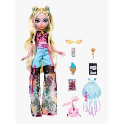 Bild av Monster High Lagoona Blue docka i nättröja och cargobyxor, med fisken Neptuna tillbehör som ryggsäck, snacks anteckningsbok, HXH75