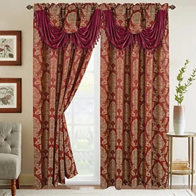 Bild av Elegant bekväm jacquard look gardin panel set med bifogad vattenfallskrans, (set 2), 137 x 213 cm, vinröd/guld