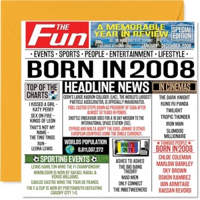 Bild av 16:e födelsedagskort för pojkar flickor Född 2008 tidning Happy 16 son dotter kusin vintage retro tillbaka 2008, 145 mm x sexton sextonde födelsedag gratulationskort