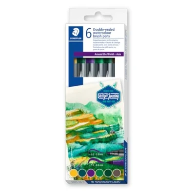 Bild av STAEDTLER 3001 C6 5 Design Journey akvarell penselpennor Around the World Series Asien (paket med 6 blandade färger)
