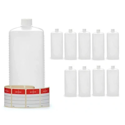 Bild av Octopus plastflaskor 10 x 1 000 ml, PE HD med vitt skruvlock, tomma flaskor vita skruvpluggar, fyrkantiga flaskor. etiketter ingår.