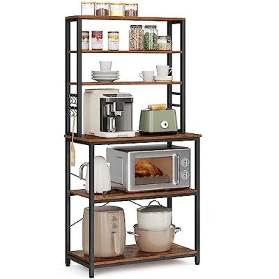 Bild av VASAGLE Kitchen Baker&#039;s Rack, hög köksenhet med förvaringshyllor, 6 krokar och metallram, industriell mikrovågsugnshylla, 80 x 40 167 cm, Rustikbrun svart KKS019B01