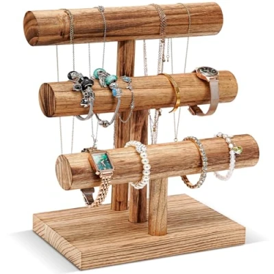 Bild av ProCase 3 nivåer T form armbandshållare av trä, avtagbar smyckeshållare armbanddisplay, vintage armbandstativ klockstativ förvaring för armringar hårklämmor klockor natur