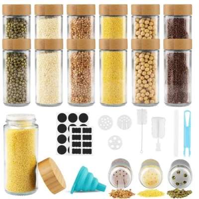 Bild av Vexillic kryddburkar (12 x 120 ml), kryddburkar, runda, högkvalitativt trälock av bambu, med ströinsats, högkvalitativa kryddor, organisatör [10,8 cm 4,2 cm]