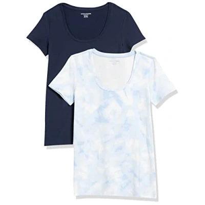 Bild av Amazon Essentials dam klassisk passform kortärmad rund hals t shirt (finns i plusstorlek), paket med 2, marinblå/vit batikfärg, stor