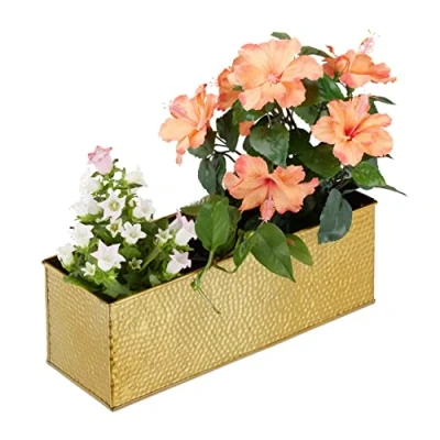 Bild av Relaxdays Blomlåda för inomhus, planteringskruka, metallkruka blomkrukor och örter, rektangulär blomkruka, guld, 13,50 x 40,00 12,50 cm