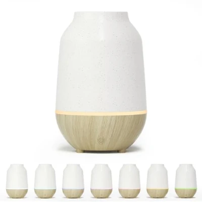 Bild av Salking Aromadiffusor, keramik, aromaterapi med ultraljudsdiffusor för eteriska oljor, automatisk avstängningsfunktion, varmvitt ljus, vitt, träådring, diffusor hem och kontor, yoga doft