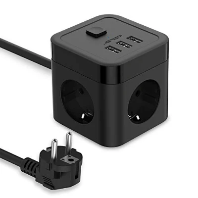 Bild av JSVER grenuttag kub USB multipeluttag Cube 3 fack med (15,5W) uttag 3680W strömbrytare för kontor, hem 1,5m kabel svart