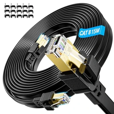 Bild av Nätverkskabel Cat8 15m, Cat 8 Ethernet Kabel Höghastighets LAN 15m 40Gbps 2000MHz FTP Skärmad Gigabit Cable Platt RJ45 Patchkabel Lång Internetkabel för Router, Modem (15 kabelklämmor)